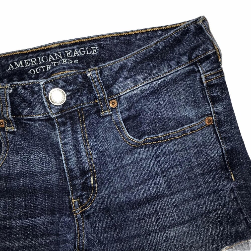 American Eagle Distressed Shorts Womens 6 Dark Wash Super Stretch Cuffed Grunge - Picture 3 of 9